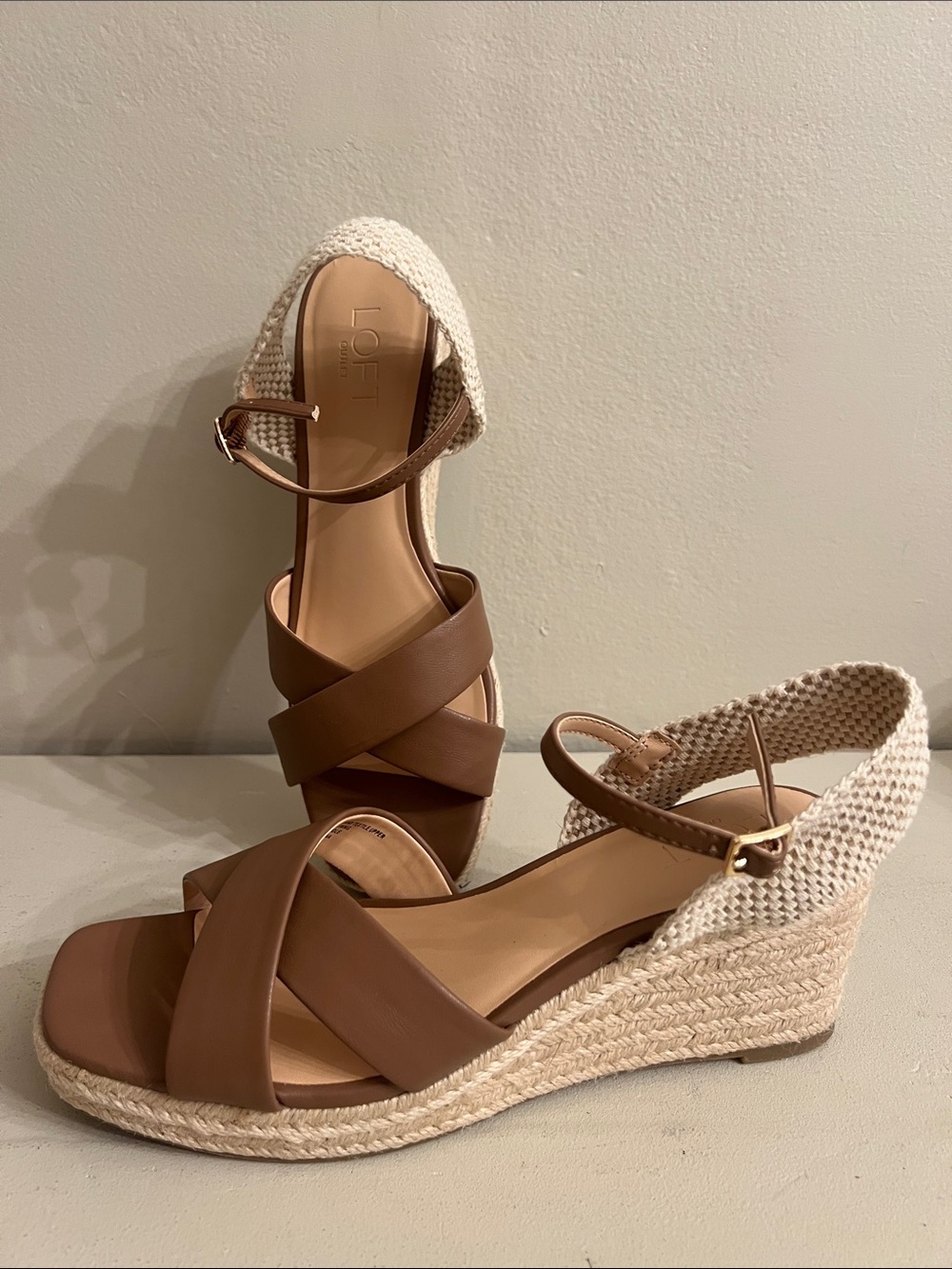 LOFT Brown Crisscross Espadrille Wedge Sandals with Cream Heel Collar